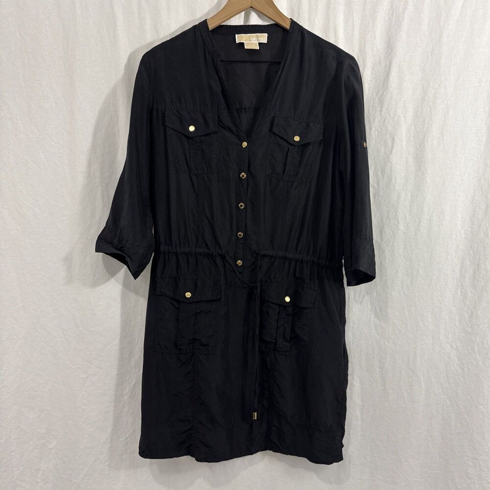 Michael Kors Black 100% Silk Drawstring Utility Roll Tab Sleeve Shirt Dress Sz M